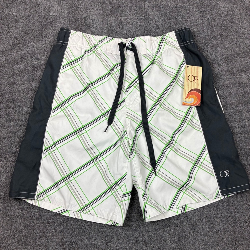 OP Ocean Pacific Mens Size Medium W34 Plaid Board Shorts Green White Swim Trunks